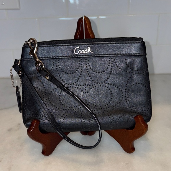 Coach Signature Logo Perforated Leather Wristlet - Picture 1 of 14